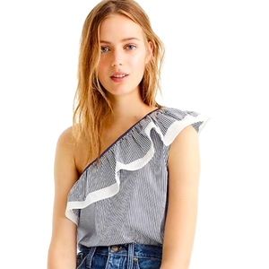 J.CREW One-Shoulder Ruffled Top in Stripe NWT Sz 12 White Navy